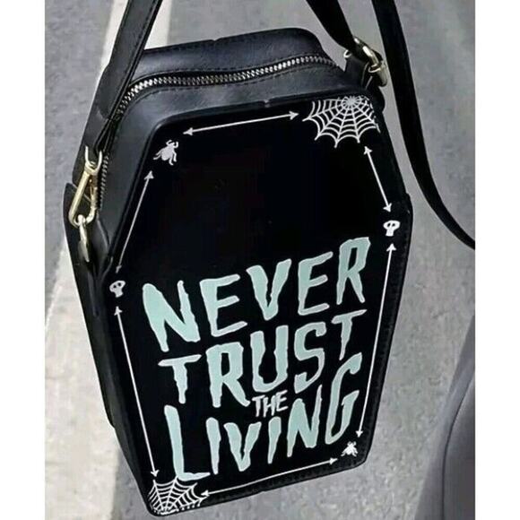 Never Trust The Living Coffin Purse Gothic Halloween Crossbody Handbag NEW - Picture 3 of 5
